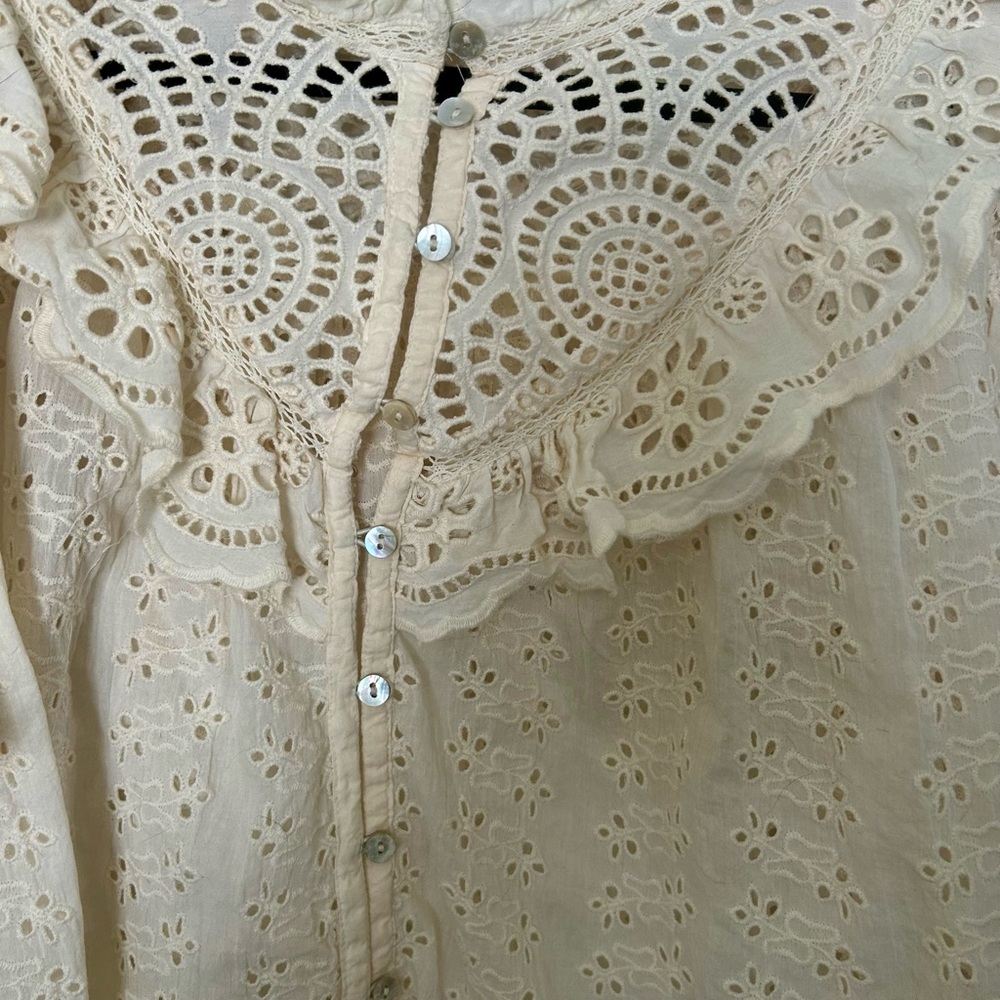 Women’s Eyelet Ruffle Button-Down Shirt — Cream - Picture 4 of 7